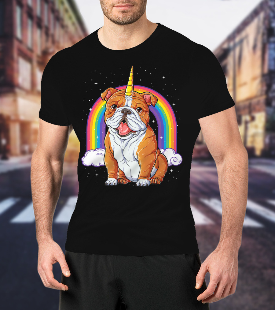 English Bulldog Unicorn Rainbow Space Galaxy T-Shirt