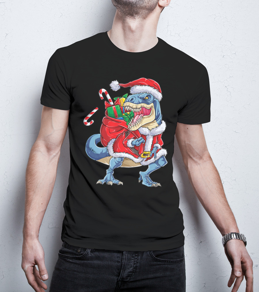 Dinosaur Christmas Boys Santa Rex With Candy Canes And Gifts T-Shirt
