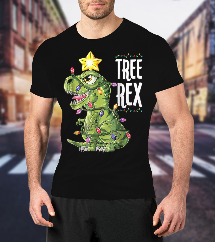 Tree Rex Dinosaur Wrapped In Christmas Lights With Star T-Shirt