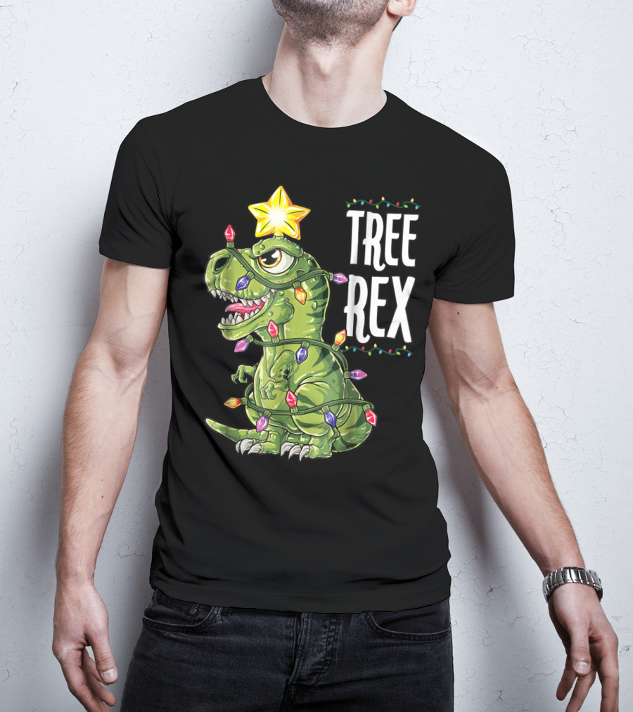 Tree Rex Dinosaur Wrapped In Christmas Lights With Star T-Shirt