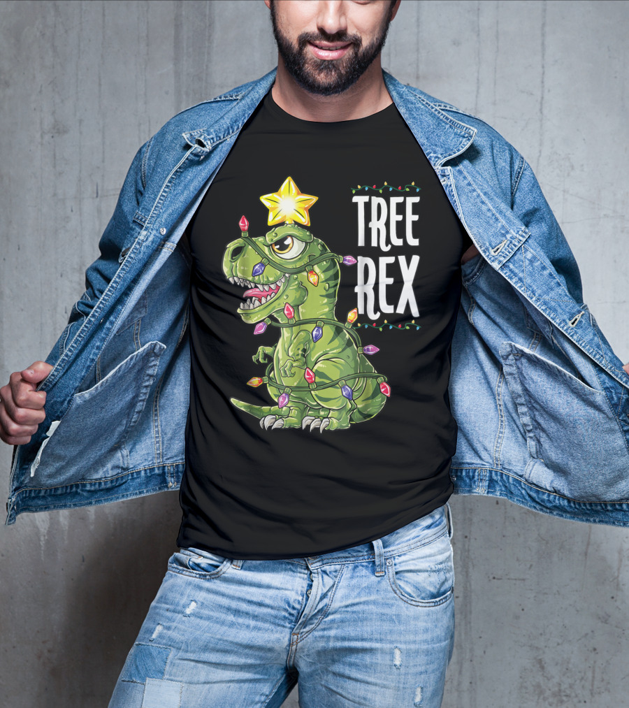 Tree Rex Dinosaur Wrapped In Christmas Lights With Star T-Shirt