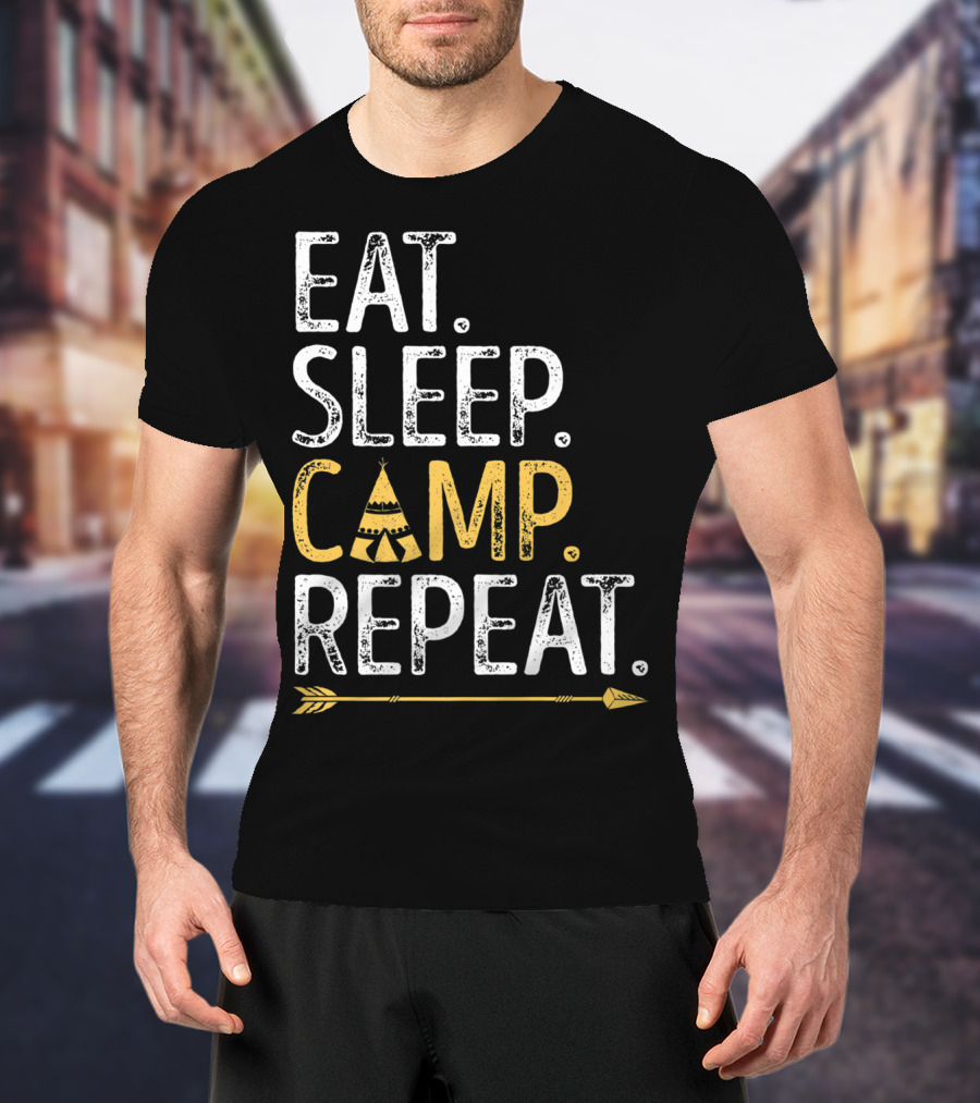 Eat Sleep Camp Repeat Camping Camper Tent Arrow T-Shirt