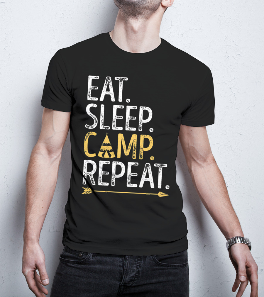 Eat Sleep Camp Repeat Camping Camper Tent Arrow T-Shirt