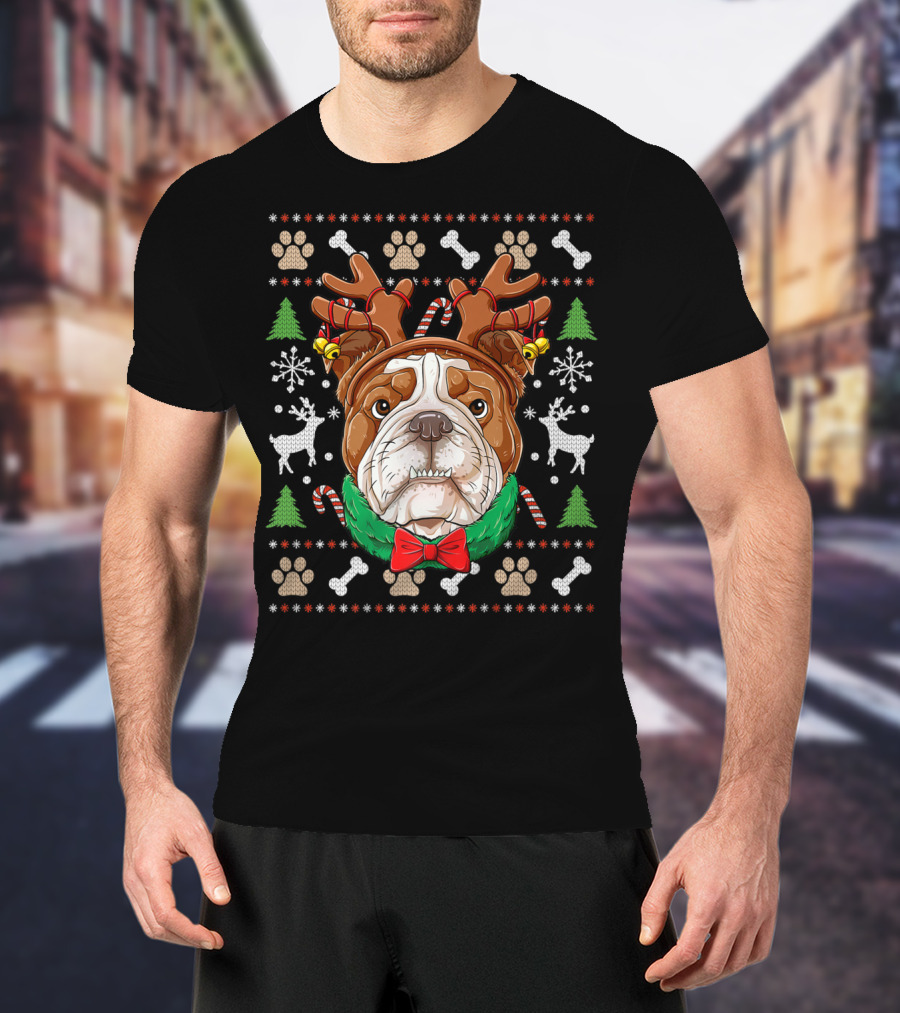 English Bulldog Reindeer Antlers Christmas Ugly T-Shirt