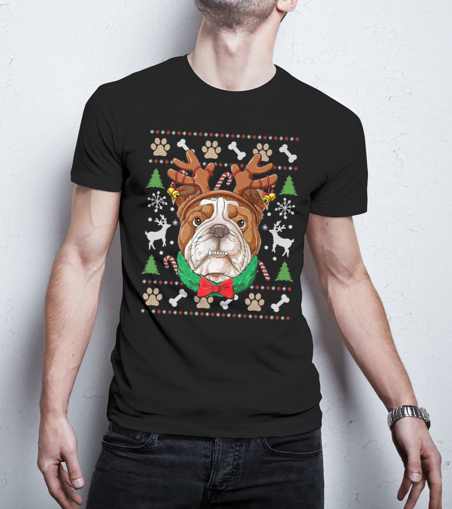 English Bulldog Reindeer Antlers Christmas Ugly T-Shirt