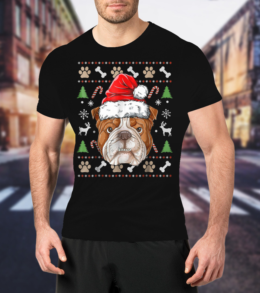 English Bulldog Santa Hat Ugly Christmas Sweater Paws Reindeer Bones Candy Canes T-Shirt