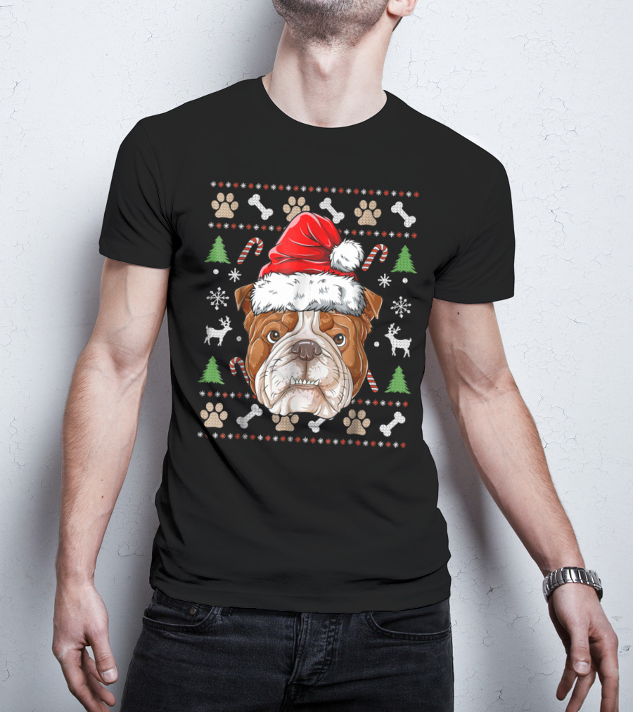 English Bulldog Santa Hat Ugly Christmas Sweater Paws Reindeer Bones Candy Canes T-Shirt