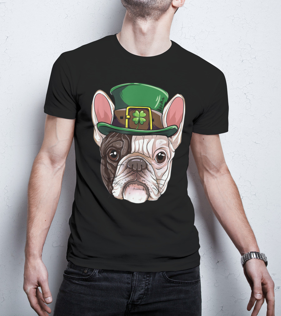 French Bulldog Leprechaun St Patricks Day Dog Wearing Green Hat With Shamrock T-Shirt
