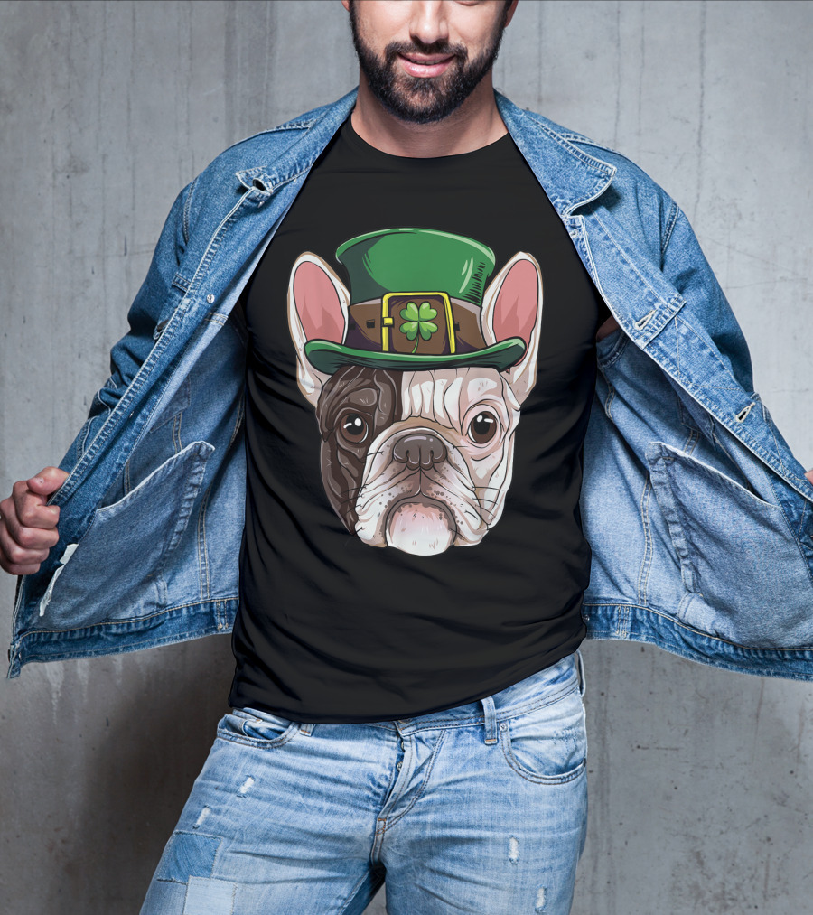 French Bulldog Leprechaun St Patricks Day Dog Wearing Green Hat With Shamrock T-Shirt