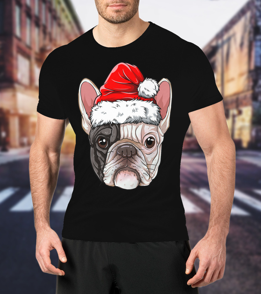 French Bulldog In Santa Hat Christmas T-Shirt