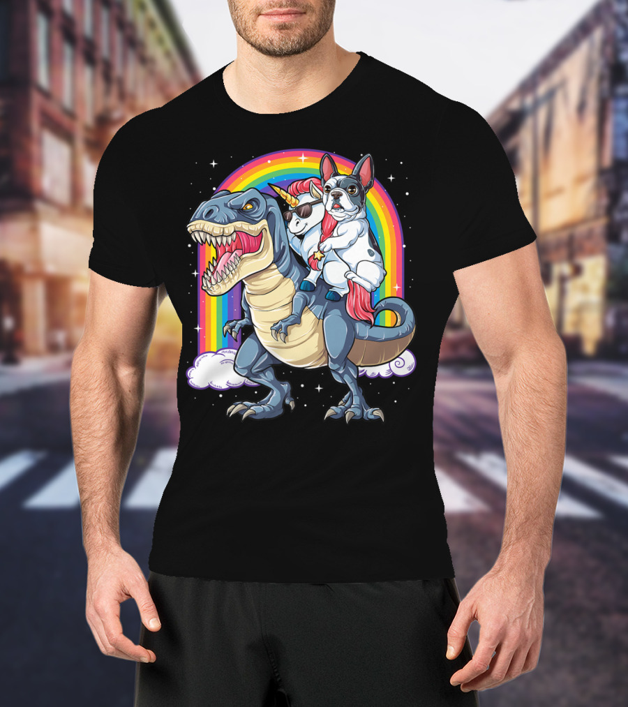 French Bulldog Unicorn Riding Dinosaur Rex With Rainbow Stars T-Shirt