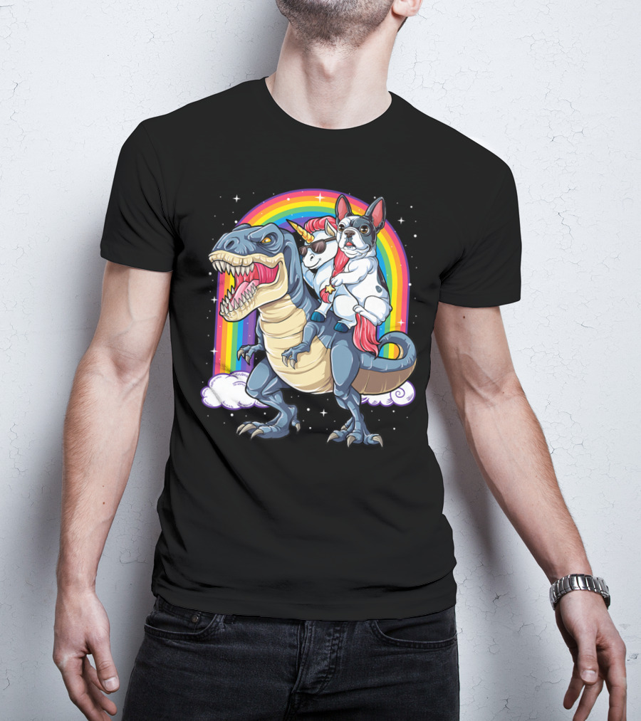 French Bulldog Unicorn Riding Dinosaur Rex With Rainbow Stars T-Shirt