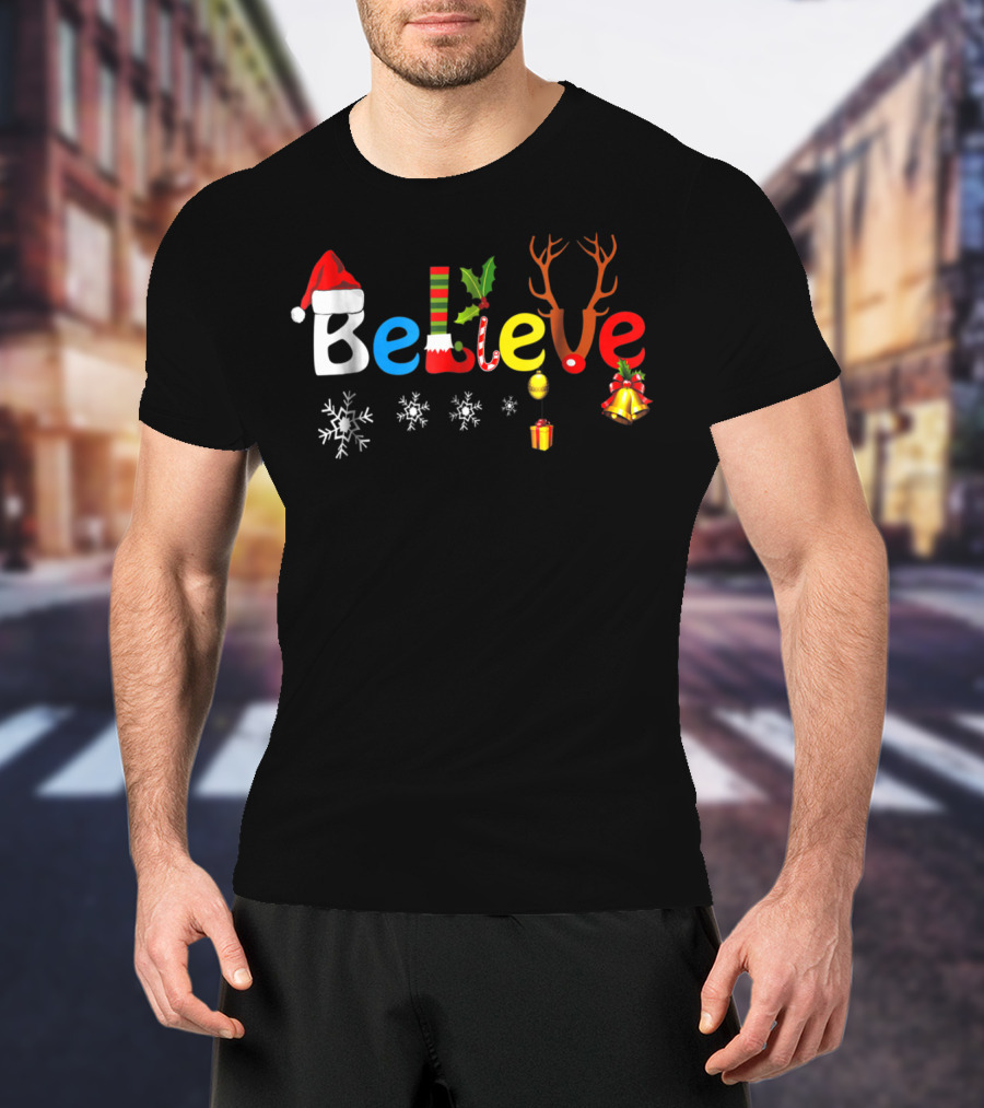 Believe In Santa Elf Reindeer Christmas Snowflakes And Bells T-Shirt