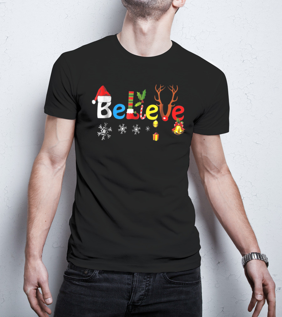 Believe In Santa Elf Reindeer Christmas Snowflakes And Bells T-Shirt