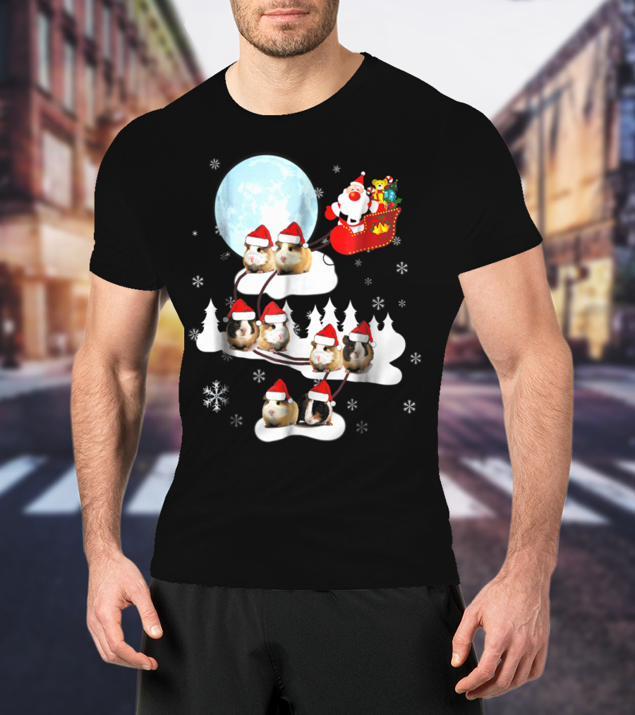 Santa Sleigh With Christmas Guinea Pigs And Snowflakes T-Shirt
