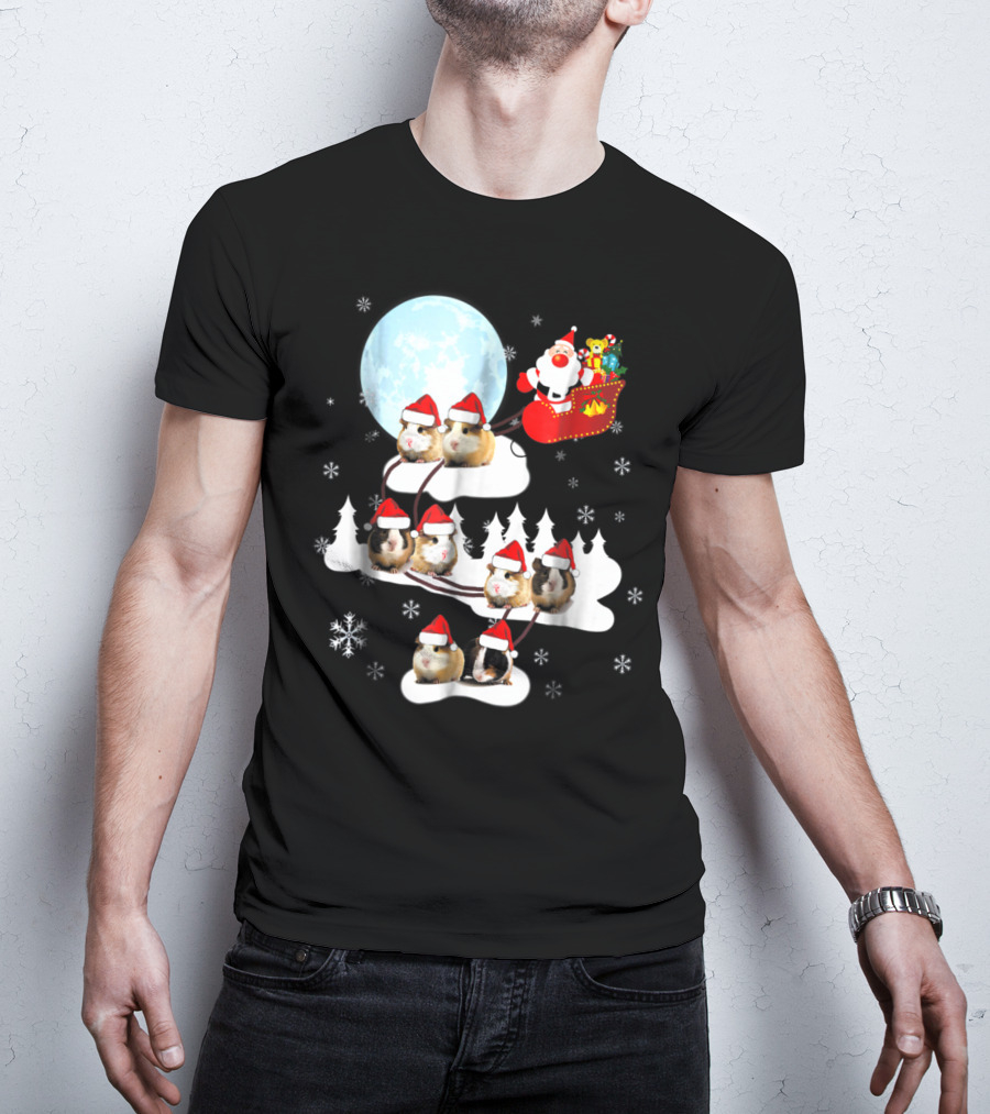 Santa Sleigh With Christmas Guinea Pigs And Snowflakes T-Shirt