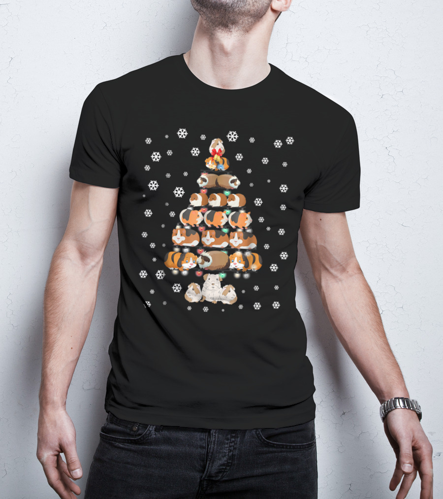 Guinea Pigs Stacked Like Christmas Tree Surrounded By Snowflakes T-Shirt
