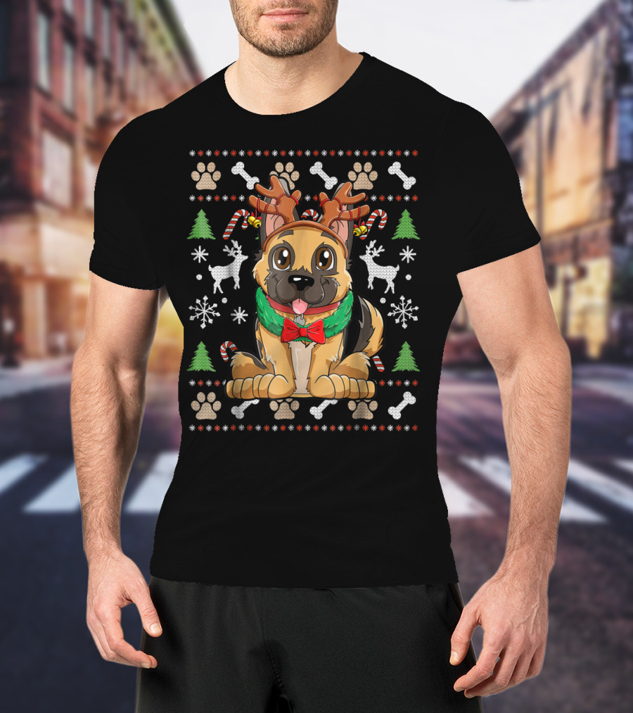 German Shepherd Dog With Reindeer Antlers Christmas Holiday T-Shirt