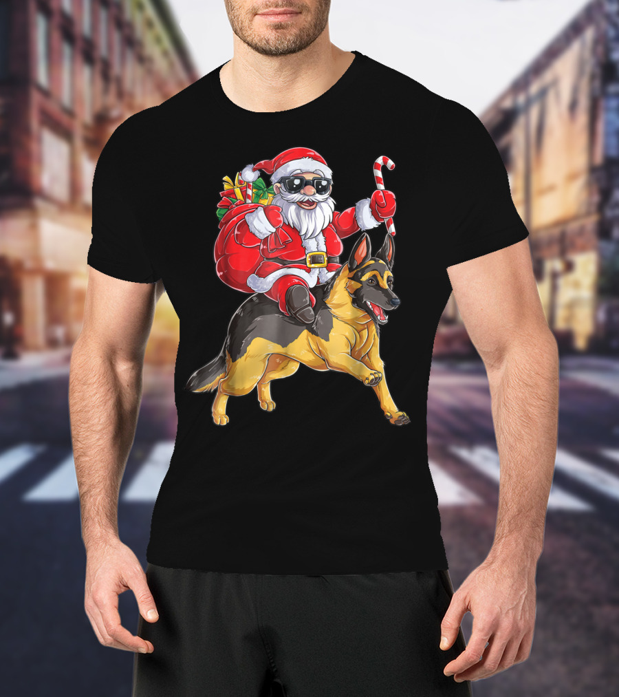 German Shepherd Christmas Santa Claus Riding With Candy Cane Woofmas T8 T-Shirt