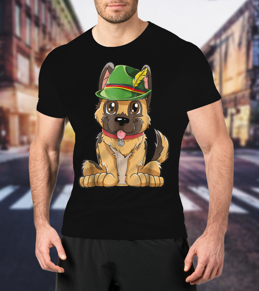 Cute German Shepherd Dog With Oktoberfest Hat Boys Lederhosen T-Shirt