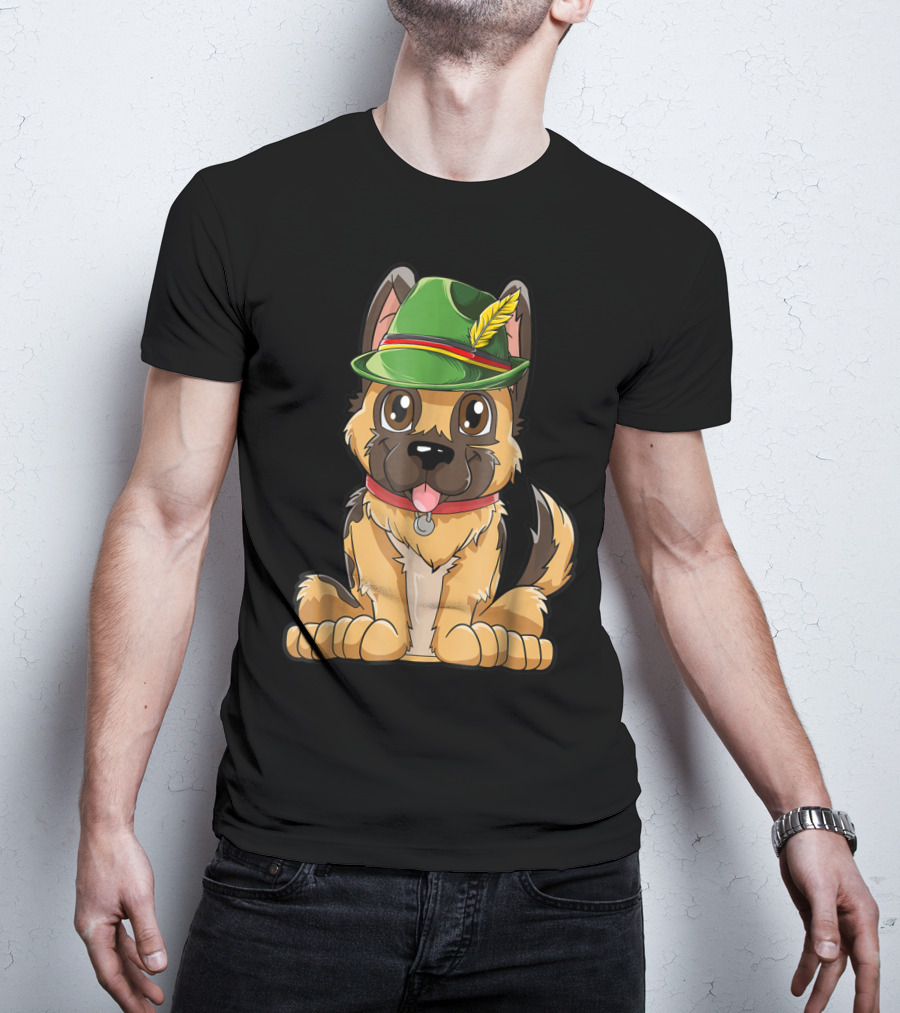 Cute German Shepherd Dog With Oktoberfest Hat Boys Lederhosen T-Shirt