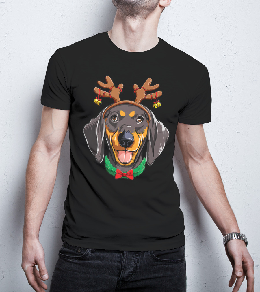 Dachshund With Christmas Reindeer Antlers And Festive Dog Bowtie T-Shirt