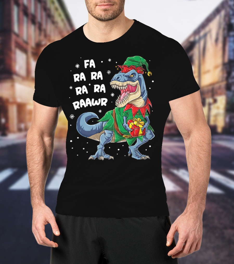 Fa Ra Ra Ra Rawr Dinosaur Christmas Rex Elf Holding Present T-Shirt