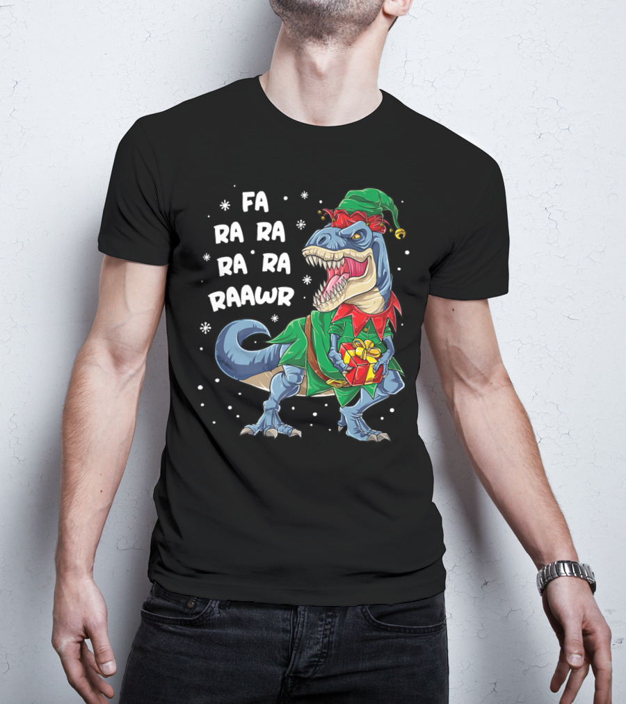 Fa Ra Ra Ra Rawr Dinosaur Christmas Rex Elf Holding Present T-Shirt