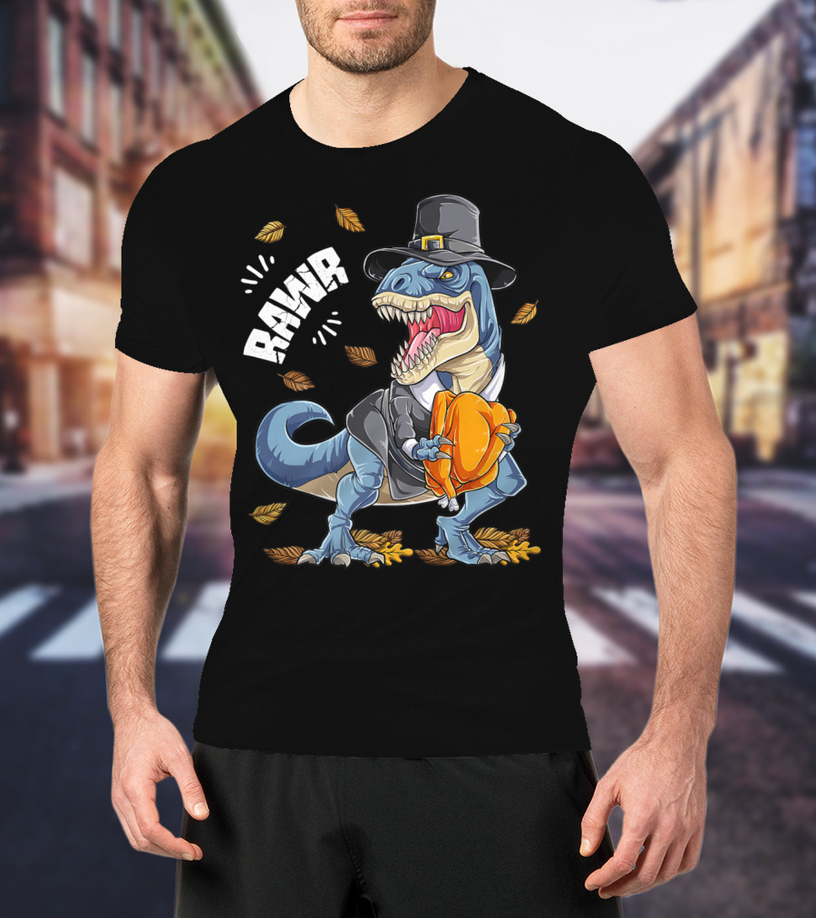 RAWR Dinosaur Thanksgiving Pilgrim T-Rex With Turkey Leaves T-Shirt