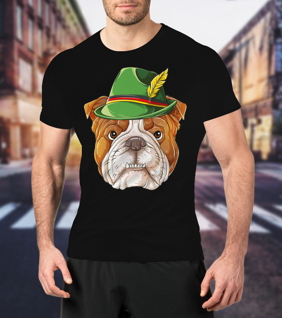 English Bulldog Oktoberfest Boys Lederhosen With Green Hat And Feather T-Shirt