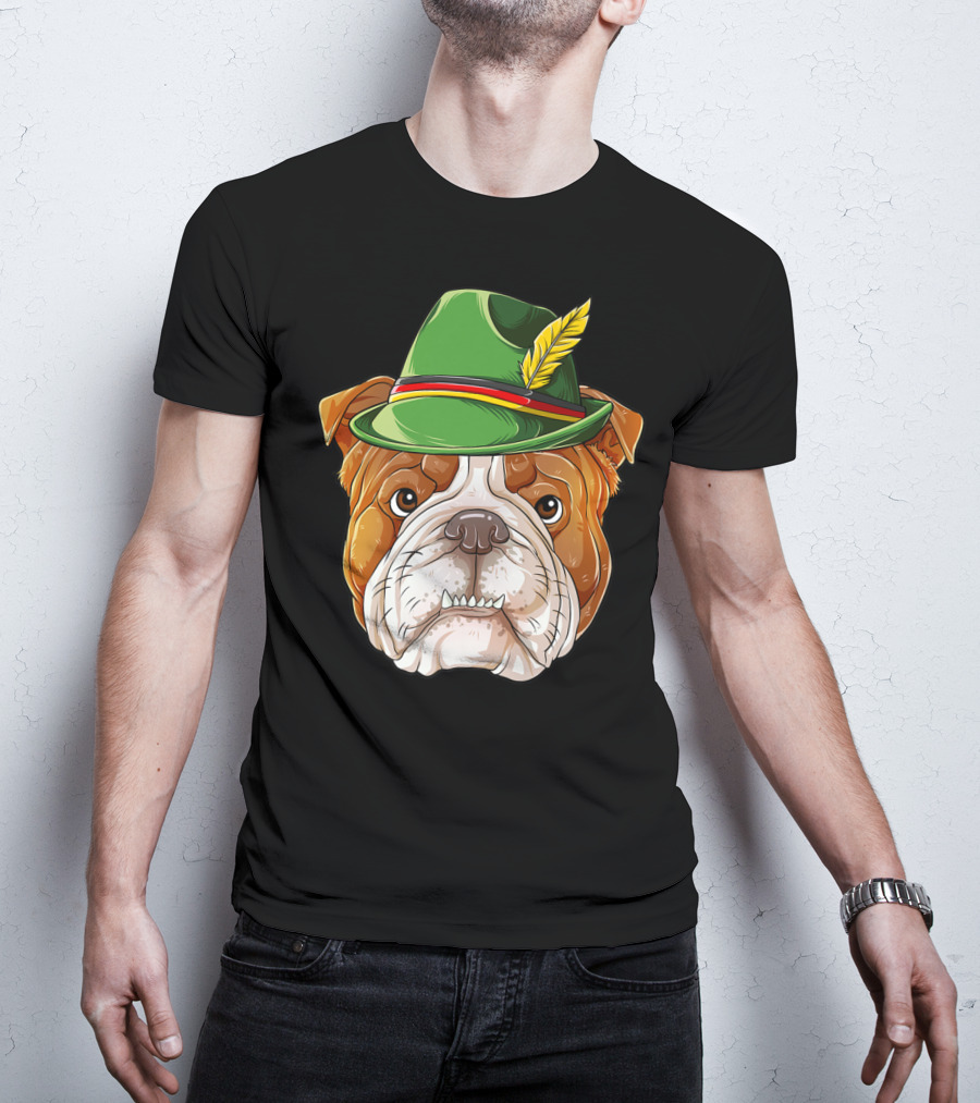 English Bulldog Oktoberfest Boys Lederhosen With Green Hat And Feather T-Shirt