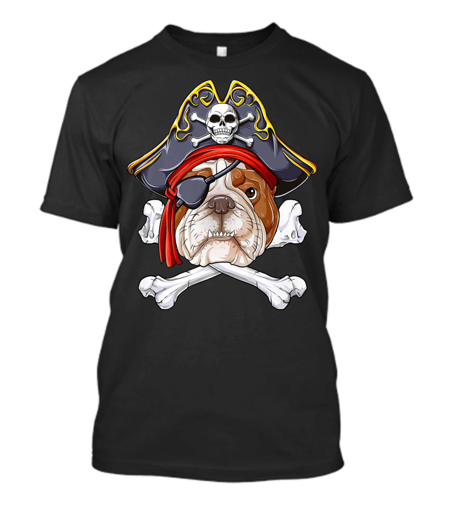 English Bulldog Wearing Pirate Hat With Jolly Roger Crossbones And Eyepatch T-Shirt
