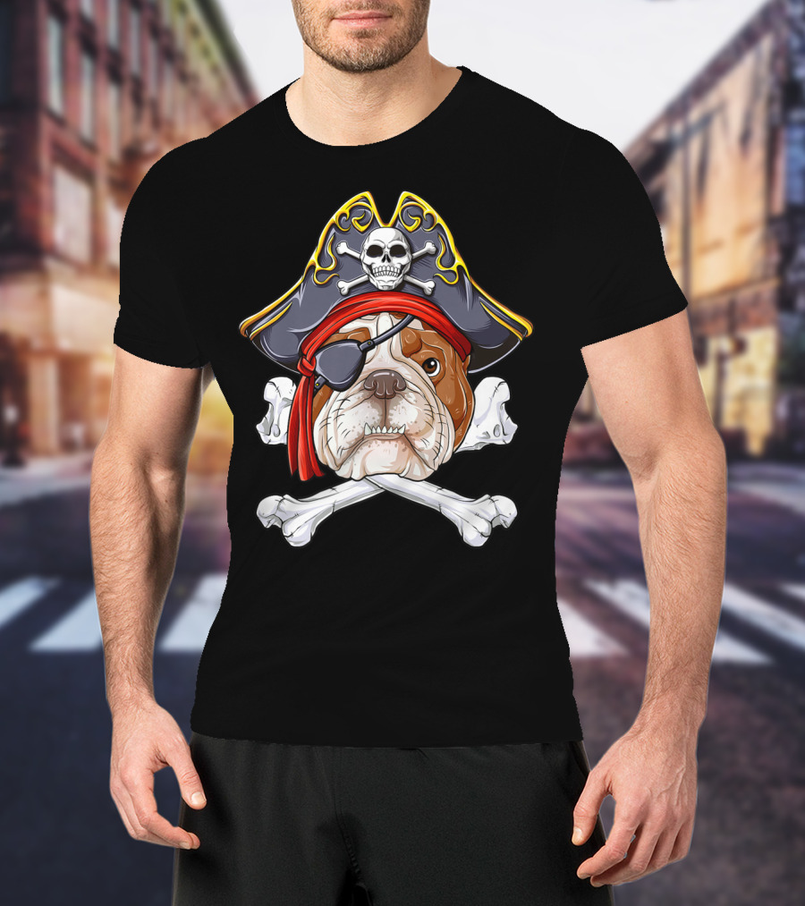 English Bulldog Wearing Pirate Hat With Jolly Roger Crossbones And Eyepatch T-Shirt