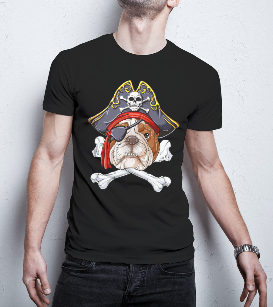 English Bulldog Wearing Pirate Hat With Jolly Roger Crossbones And Eyepatch T-Shirt