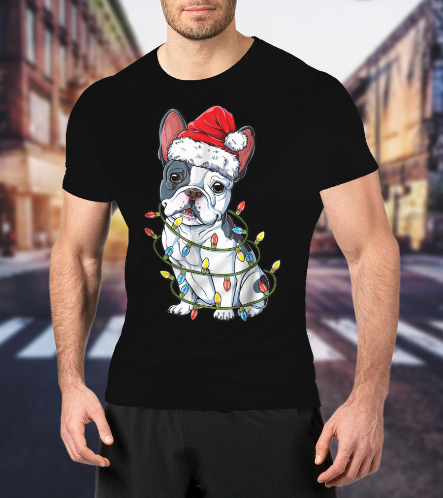 French Bulldog Christmas Santa Hat Wrapped In Xmas Lights T-Shirt