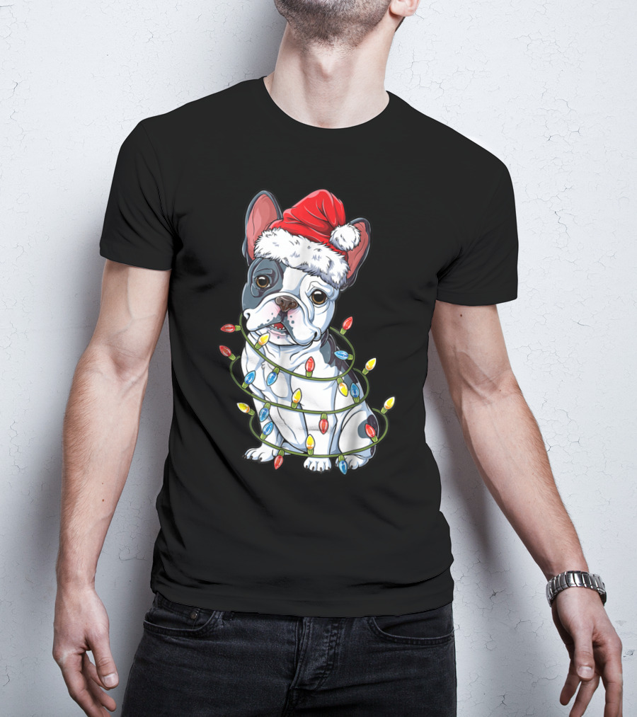 French Bulldog Christmas Santa Hat Wrapped In Xmas Lights T-Shirt