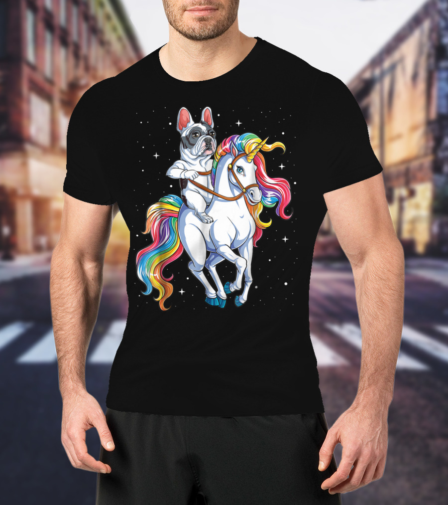 French Bulldog Riding Unicorn In Space Galaxy T-Shirt