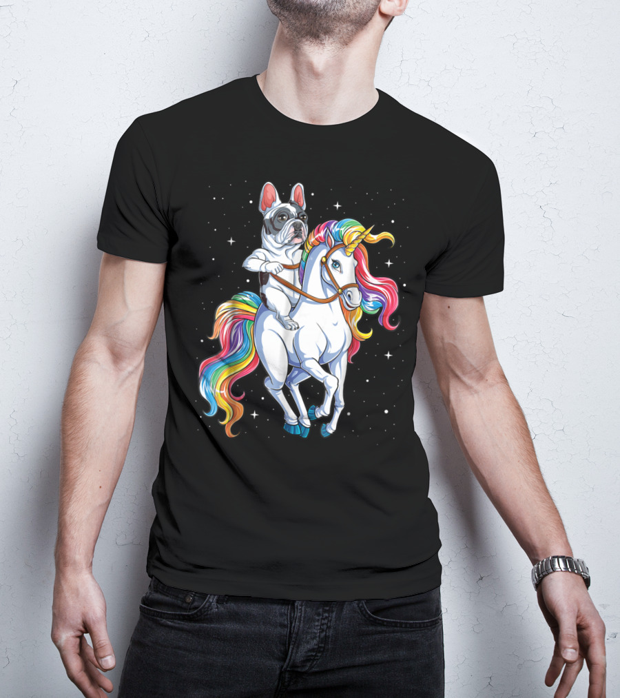 French Bulldog Riding Unicorn In Space Galaxy T-Shirt