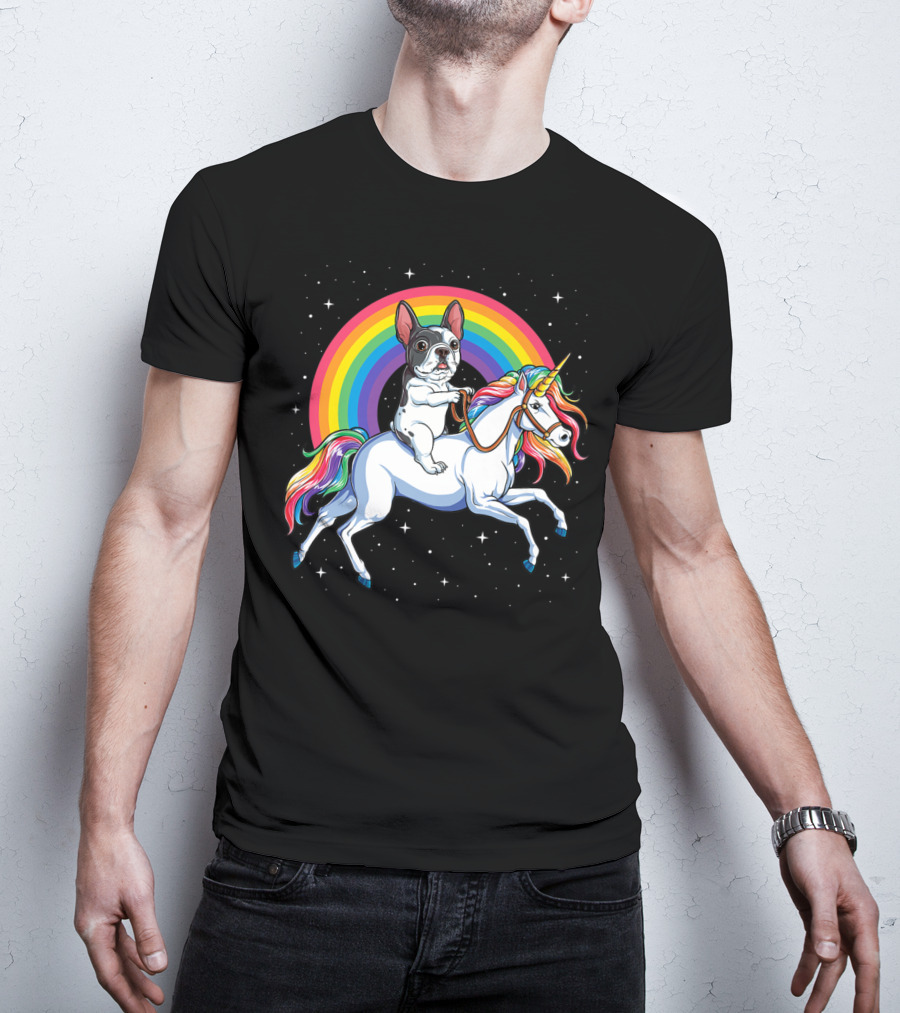 French Bulldog Riding Unicorn Rainbow Space Galaxy T-Shirt