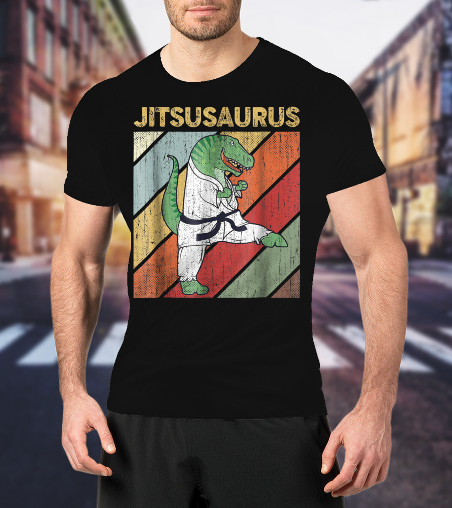 Jitsusaurus Dinosaur In Martial Arts Gi With Vintage Stripes T-Shirt