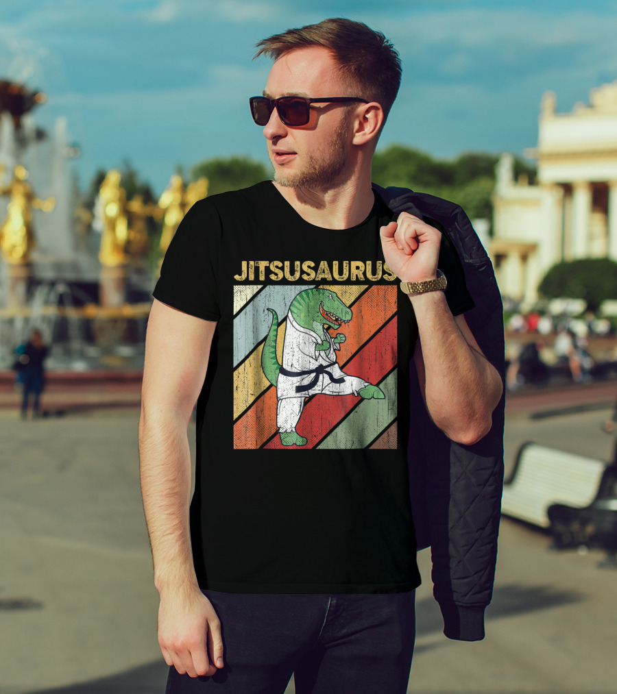 Jitsusaurus Dinosaur In Martial Arts Gi With Vintage Stripes T-Shirt