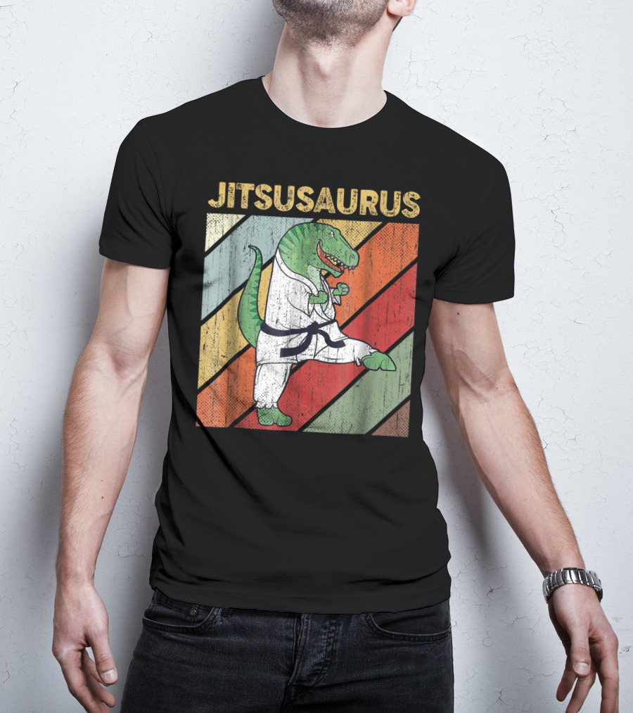 Jitsusaurus Dinosaur In Martial Arts Gi With Vintage Stripes T-Shirt