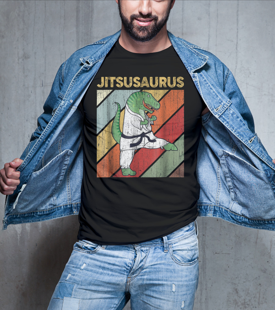 Jitsusaurus Dinosaur In Martial Arts Gi With Vintage Stripes T-Shirt