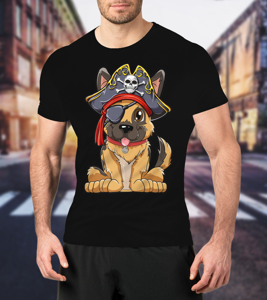 German Shepherd Pirate With Jolly Roger Skull Crossbones And Eyepatch T-Shirt