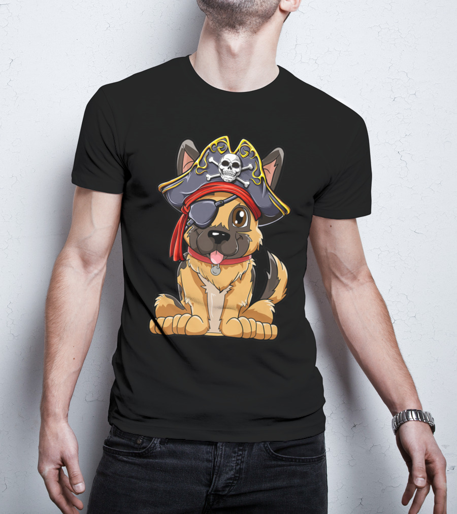 German Shepherd Pirate With Jolly Roger Skull Crossbones And Eyepatch T-Shirt