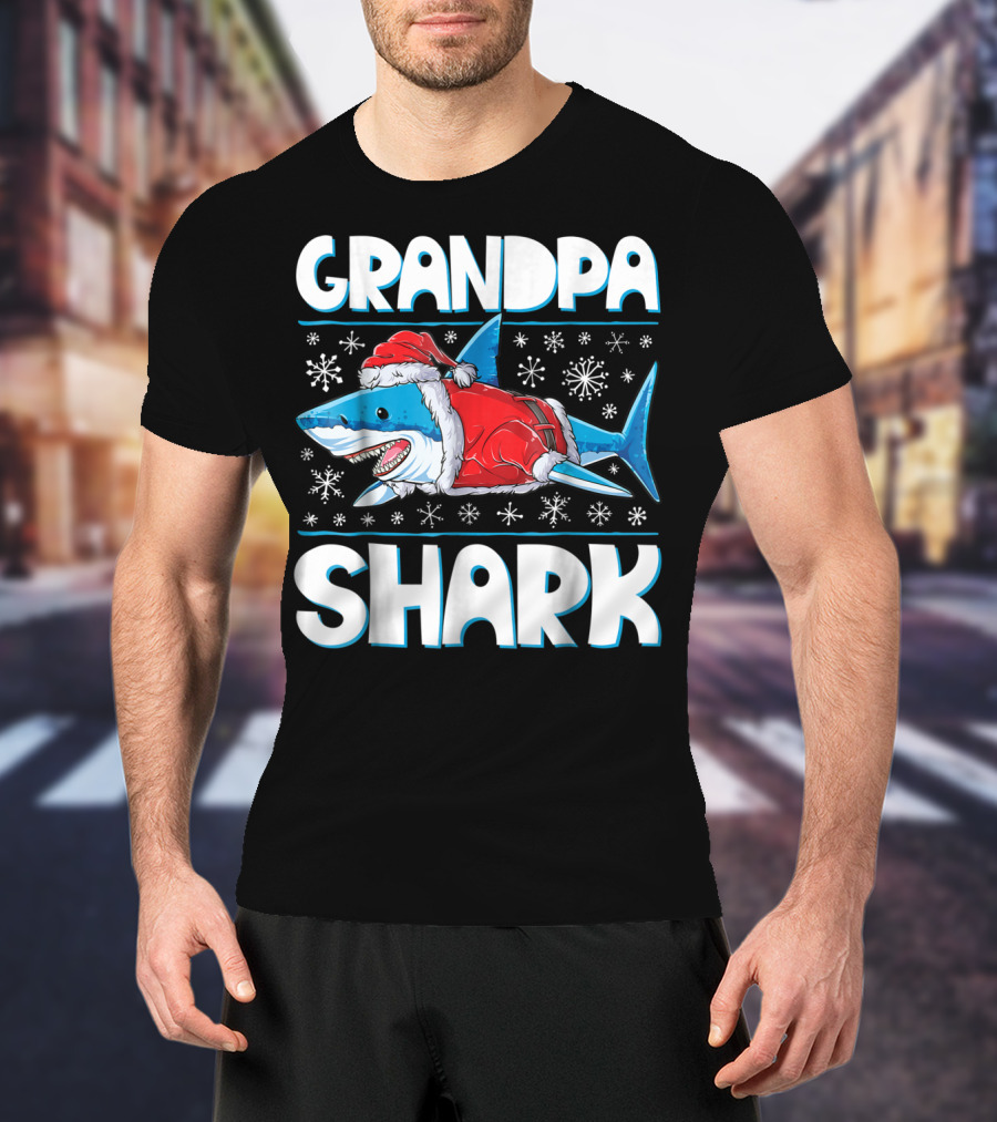 Grandpa Shark Santa With Snowflakes T-Shirt