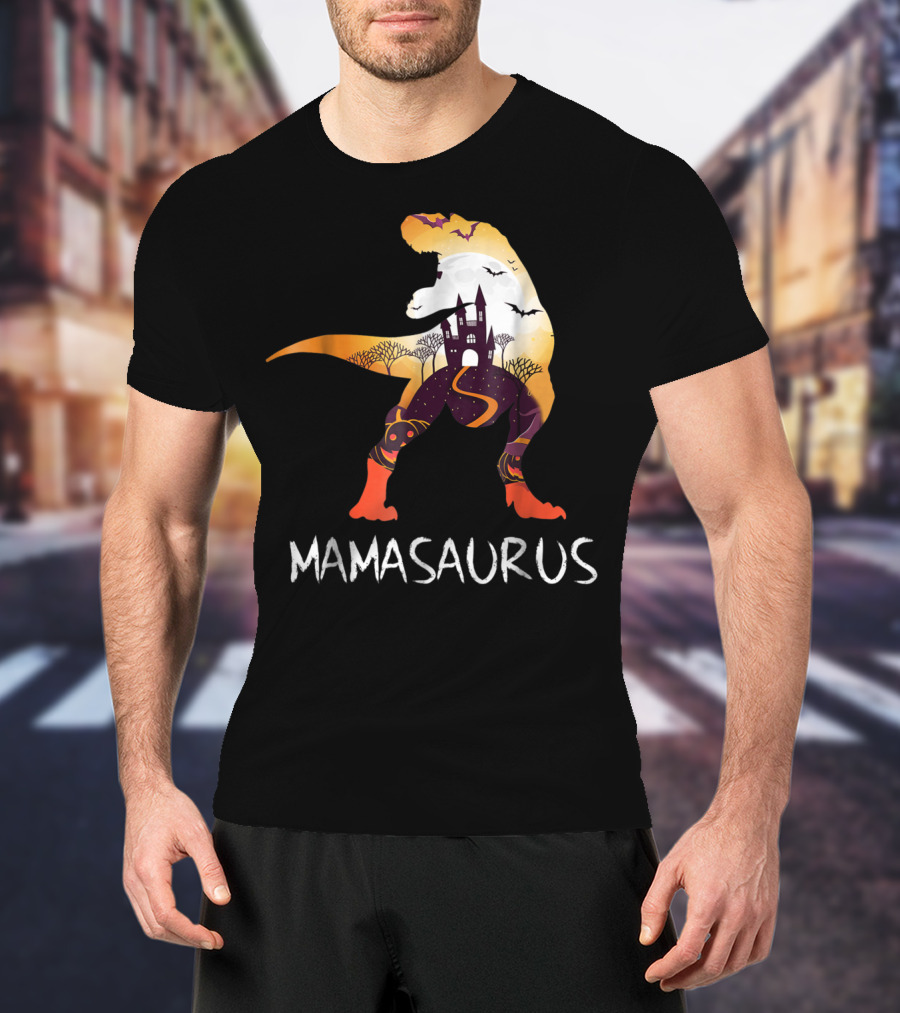 Mamasaurus Halloween Castle Bats T-Rex Scene T-Shirt