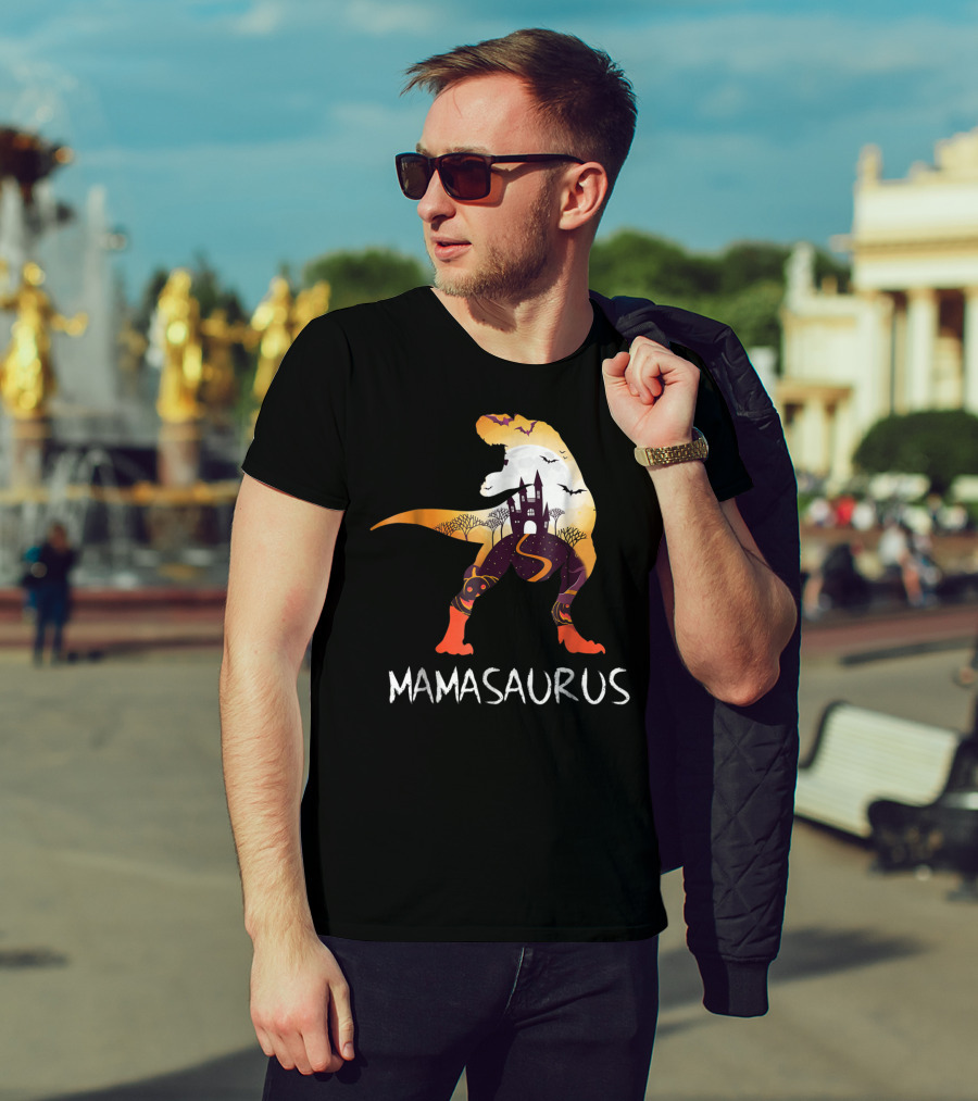 Mamasaurus Halloween Castle Bats T-Rex Scene T-Shirt