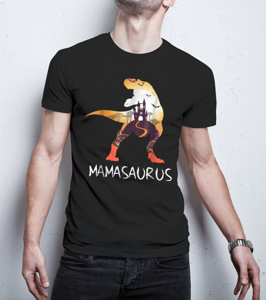 Mamasaurus Halloween Castle Bats T-Rex Scene T-Shirt