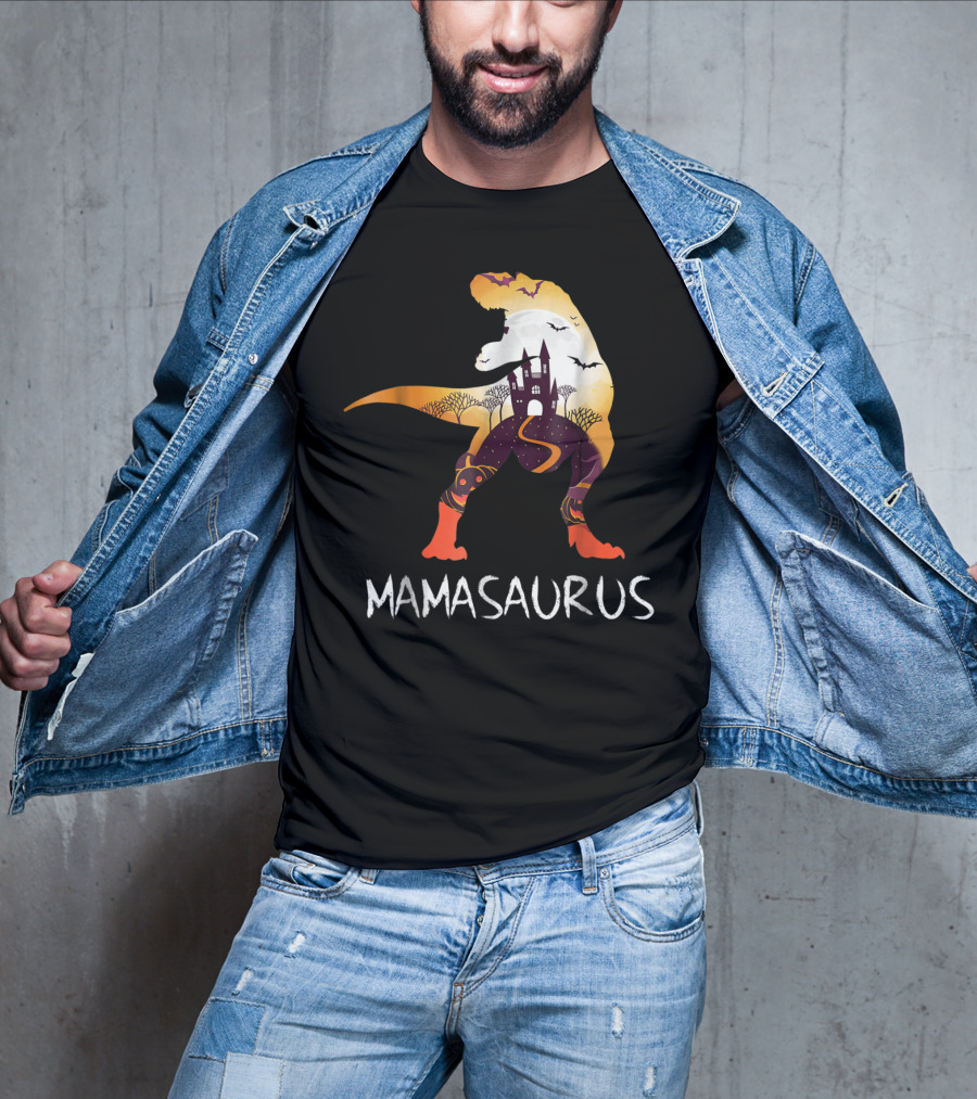 Mamasaurus Halloween Castle Bats T-Rex Scene T-Shirt